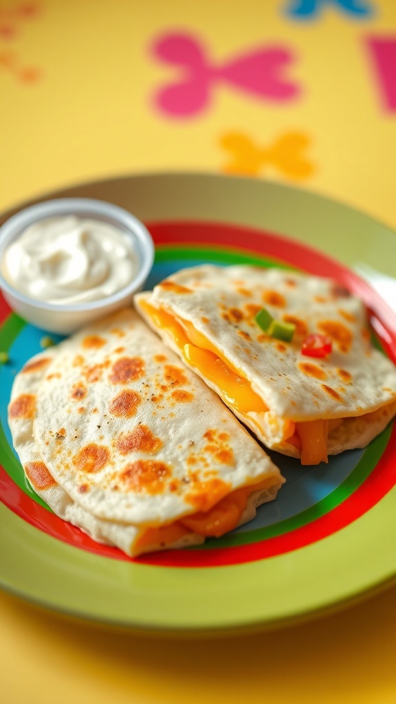 Cheesy quesadilla slices on a plate with sour cream, perfect for toddlers.